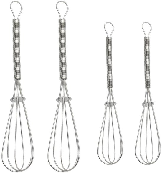 Een set van 4 mini roestvrijstalen keukeneiermixers, handmixer, gebruikt voor eieren, sauzen en deegproductie (zilver), 2 grote en 2 kleine