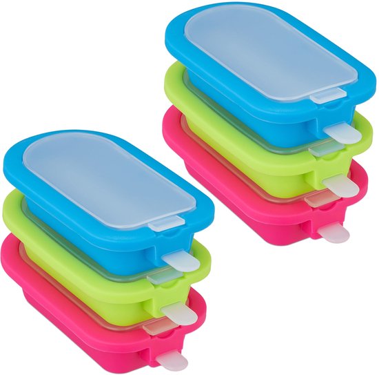 Eisvormen set van 6, siliconen, voor ijs aan een stokje, BPA-vrij, groen/blauw/roze