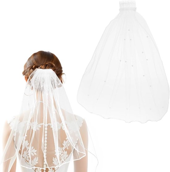 Elegante Bruidsluier met Parels en Strik, Perfect voor Huwelijk en Fotoshoot, 45 cm Lange Witte Bruidsluier