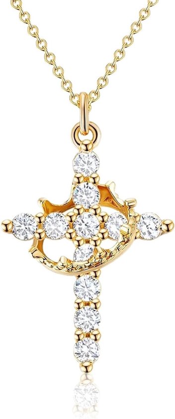 Elegante Kralen Kruis Ketting van 14K Goud, Stijlvolle Dames Sieraad, Perfecte Cadeau voor Vrouwen, Religieuze Symboliek, Mode Accessoire voor Elke Gelegenheid