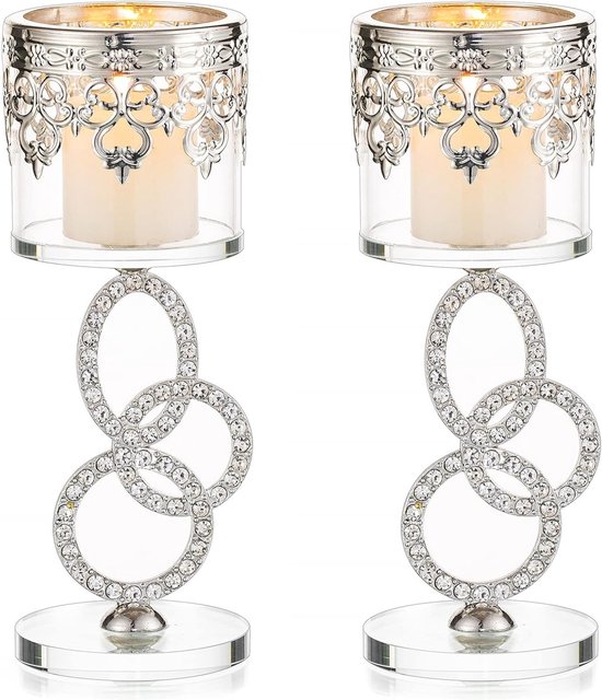 Elegante Kristallen Teelichthouder Set van 2 - Zilveren Kandelaar voor Pillarcandles, Ideaal voor Bruiloften, Feestjes en Woondecoratie van Merkloos