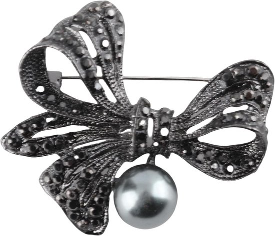 Elegante vintage broche van kristallen met zwarte bloemenmotief, antiek zilver en verfijnde afwerking voor dames van Merkloos