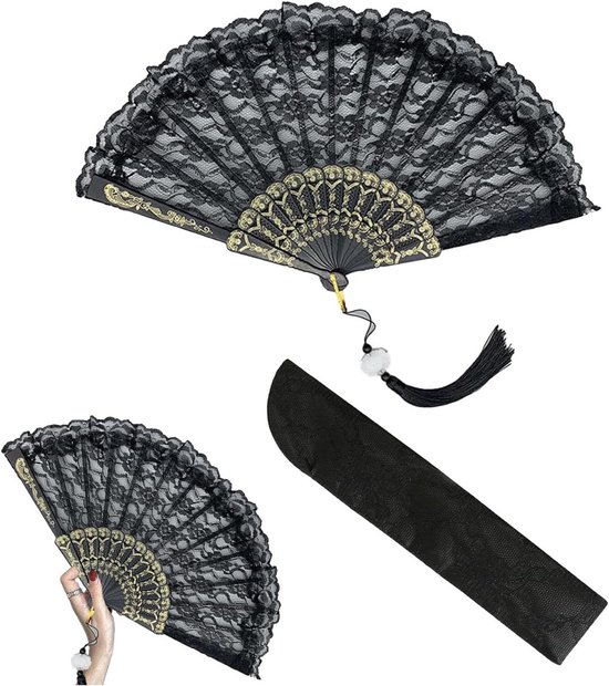 Elegante Zwarte Kanten Handventilator voor Bruiloften en Reizen - Kleurvolle Accessoire (23x42cm) van Merkloos