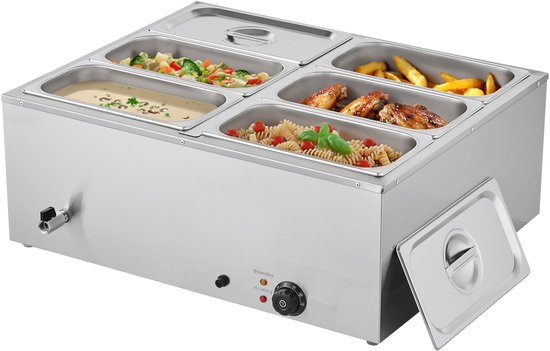 Elektrische Bain-Marie Voedselverwarmer - Chafing Dish Set - 6 x GN 1/3 Bakken - 1,5 kW - Met Deksel en Soeplepel - Voor Buffet, Catering en Feesten - RVS