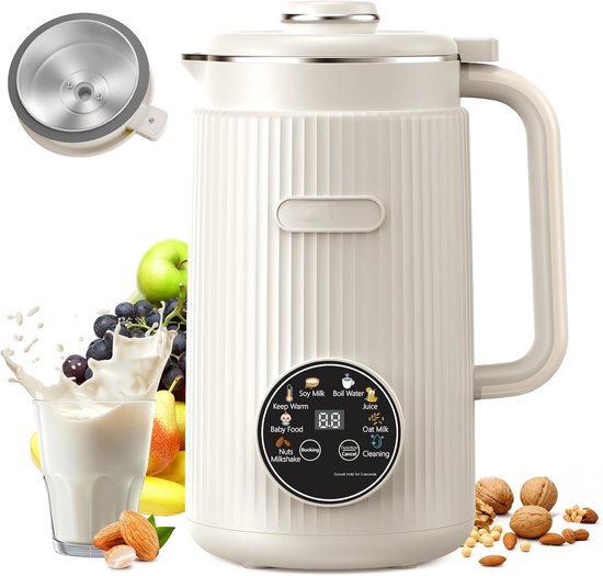 Elektrische blender -Elektrische Shakebeker - 10-in-1 notenmelkmaker - Filterloze sojamelkmaker - Met roestvrijstalen deksel - Voor amandelmelk, havermelk, kokosmelk, sap, plantaardige melkmaker en blender - wit van Merkloos