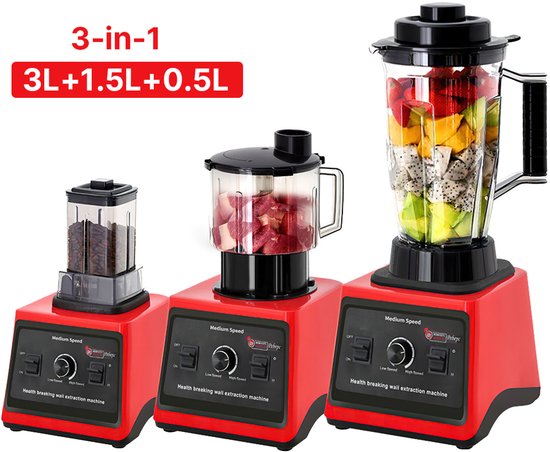 Elektrische Blender Rood - 9500 W - 3L + 1,5L + 0,5L Inhoud - Kunststof Kom - Voor Smoothies En Sap