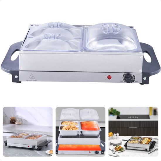 Elektrische Buffetwarmer met Warmhoudplaat - Warmhoudbakken - Warmhoudschalen - Voedsel Verwamer - 2x2.4 Liter - Ge soleerde Handgrepen - Variabel Instelbare Temperatuur - Inclusief EBOOK