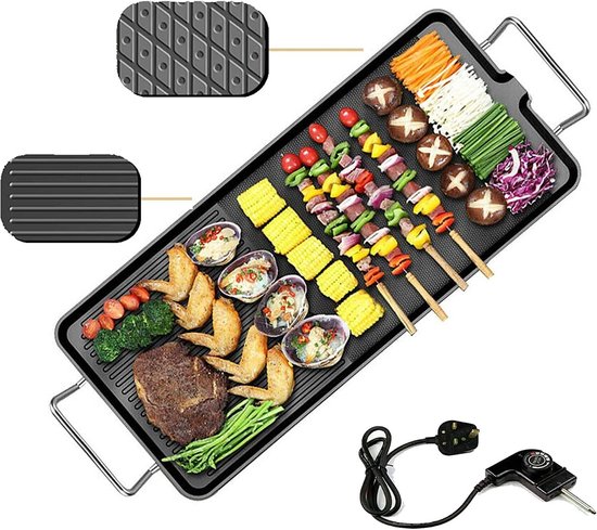 Elektrische Grillplaat 1350W-Antiaanbaklaag-Gemengd Bakoppervlak- Verstelbare thermostaat-48×28 cm