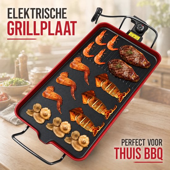 Elektrische Grillplaat / Bakplaat / Tafelgrill - 70cm snoer, EU-stekker - Voor vlees, groenten, pannenkoeken, eieren & BBQ - Thuis, tuin, camping & feestjes - Incl. handleiding