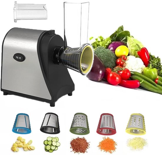 Elektrische Groentesnijder - Kaasrasp Keukenmachine - Snel Ingrediënten Snijden - 1000W Krachtige Motor - 5 Roestvrijstalen Messen - Zwart