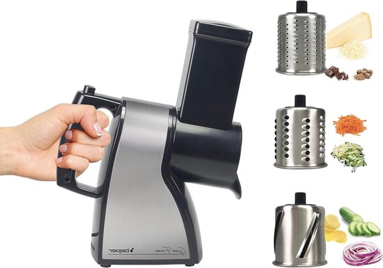 Elektrische groentesnijder - Kaasrasp versnipperaar - Keukenbereidingen vereenvoudigen - 3 verwisselbare roestvrijstalen kegels - 16 Kilogram - Zilver en Zwart