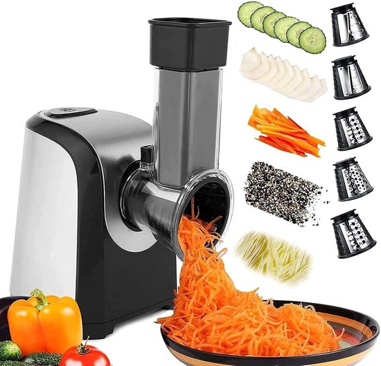 Elektrische Groentesnijder - Keukenmachine Raspen - Snel Groenten Snijden - Vijf Wisselbare Kegels - 150 Watt Motor - Zilver Zwart