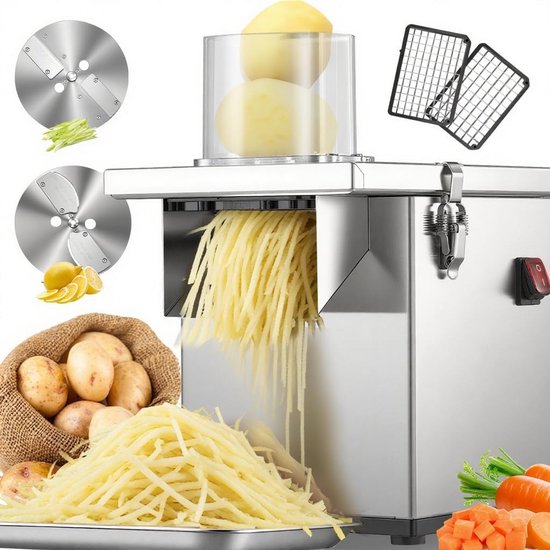 Elektrische groentesnijmachine 3-in-1, 200 W, roestvrijstaal voor dobbelstenen, raspen en snijden, 300 kg/uur, commercieel en privégebruik van Merkloos