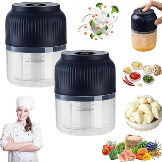 Elektrische hakker - Mini keukenmachine - Snel ingrediënten snijden - Draadloos en USB-oplaadbaar - 300ml capaciteit - Blauw