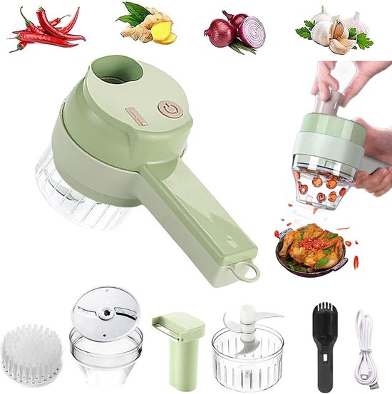 Elektrische Hakmolen - 1200 mA - 4 in 1 Groentesnijder - Uiensnijder - Mini Chopper - Food Chopper - Mini Foodprocessor - USB oplaad - BPA-Vrij - Multifunctioneel - Voor babyvoeding,knoflook, chilipepers, uien, selderij en gember - Groen
