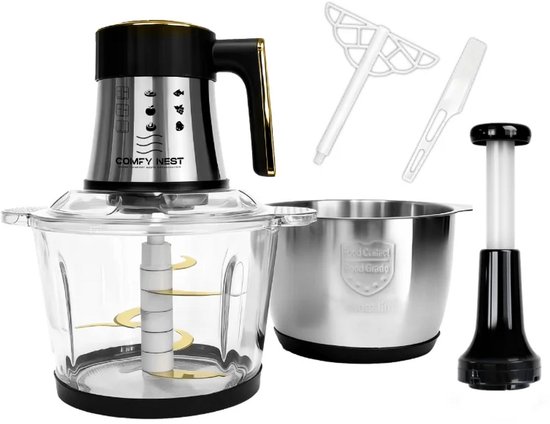 Elektrische Hakmolen 3-in-1 – Foodprocessor met 2 x 3L Kom – Glas en RVS – 200W – 6 RVS Messen