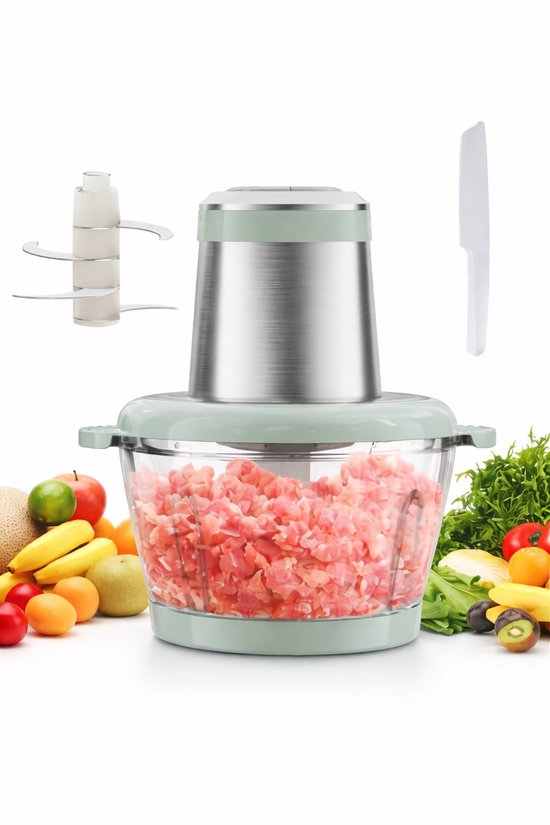 Elektrische Hakmolen - Food Chopper - Mini Keukenmachine - Vleesmolen - Groentehakker - Uiensnijder - Knoflookhakker - Notenmaler - Kruidenmolen - 2L Glazen Kom - 4 RVS Messen - 2 Snelheden - 400W - Veiligheidsslot - Groen