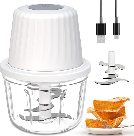 Elektrische hakmolen – Foodprocessor – Multifunctionele keukenmachine – Vaatwasmachinebestendig – Keukenmachine – Geschikt voor het hakken van vlees, het pellen van knoflook en het mixen van ingrediënten – 400 ml – 6 messen – 10,7*10,7*14,9 cm - Wit