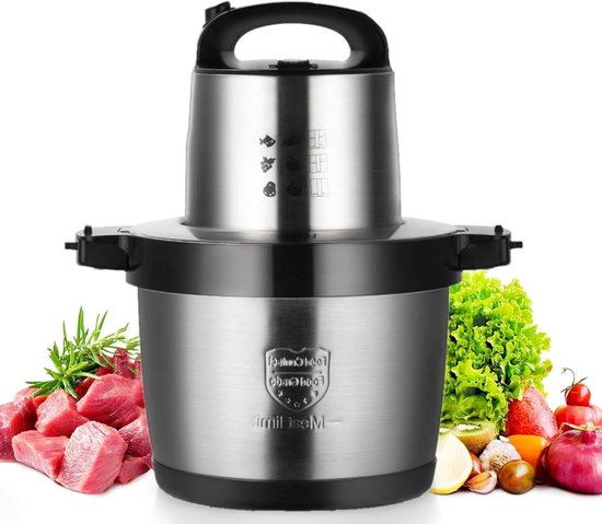 Elektrische Hakmolen - Keukenmachine Mini - Snel Ingrediënten Verwerken - 6 Liter RVS Kom - 1600 Watt - Zilver