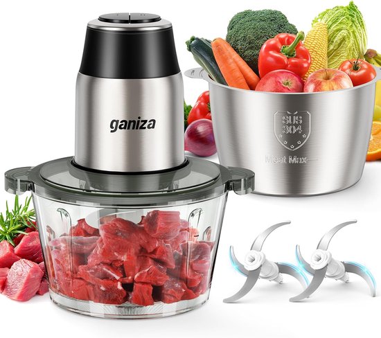 Elektrische Hakmolen met 2 Kommen – 2x 1,8L RVS en Glas – 2 Snelheden – Foodprocessor voor Vlees, Groenten en Noten