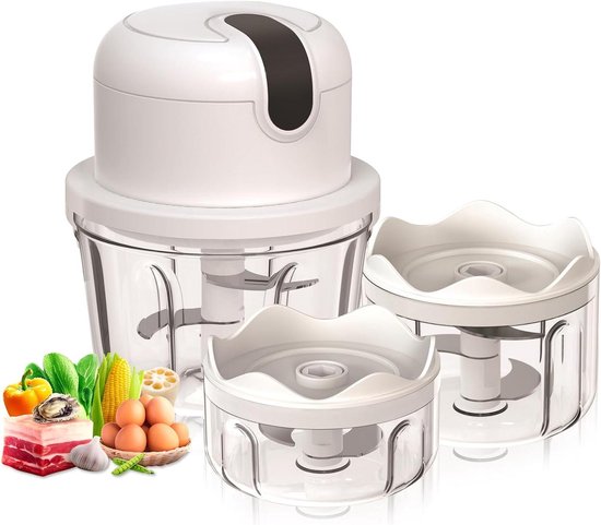 Elektrische hakmolen - Mini keukenmachine - Snel ingrediënten snijden - Drie scherpe messen - 350ml 250ml 100ml - Wit