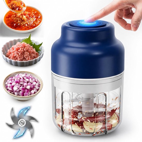 Elektrische Hakmolen - Mini-Knoflookhakker - Knoflookhakker Elektrisch - Draagbare Keukenmachine - 320 ML - Met 6 Roestvrijstalen Messen - Oplaadbare - Voor Groenten, Fruit, Vlees, Babyvoeding & Kruiden