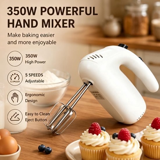 Elektrische handmixer, 350 W, handmixer met 5 snelheden, handmixer, elektrische garde, ideaal voor room, cake, deeg, eieren en bakken in de keuken, wit