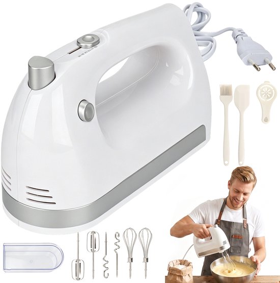 Elektrische Handmixer - 400W Keukenmixer - 5 Snelheidsstanden met Turbofunctie - Volledig Koperen Motor met Snelle Warmteafvoer - 304 RVS Kloppers en Deeghaken - Licht Ergonomisch Ontwerp - Voor Bakken, Deeg, Beslag, Room en Eieren