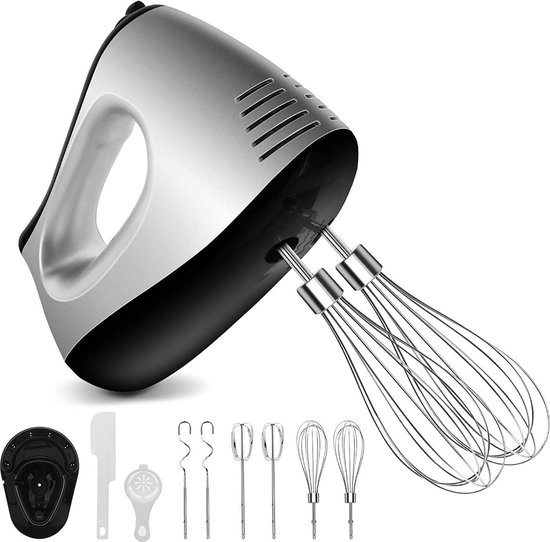 Elektrische handmixer 500 W - 5 toerentallen - turbinefunctie - met 2 mixers - 2 haken - 2 gardes - eierscheider - bakspatel - inclusief standaard van Emerio