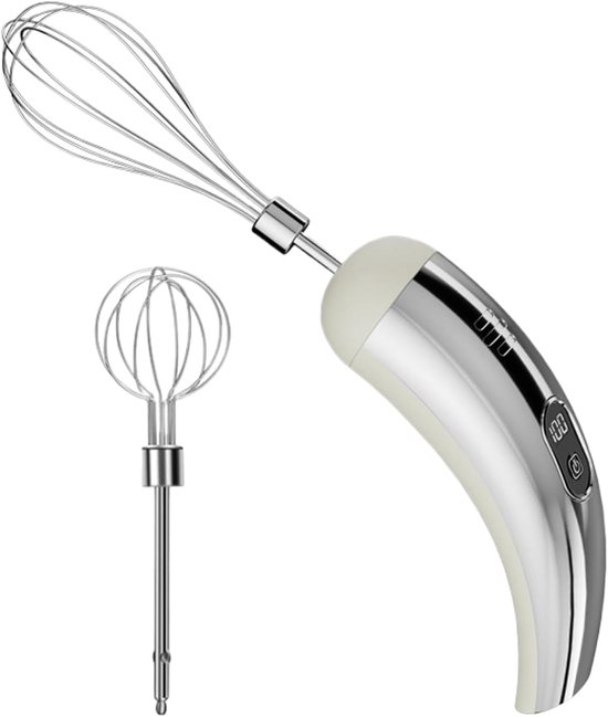 Elektrische Handmixer - Draadloze Garde - Bakken En Koken - Vijf Snelheden Instelbaar - 18 x 5.5 cm - Zilver Wit