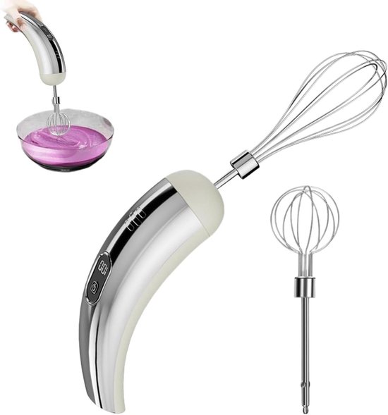 Elektrische Handmixer - Draadloze Klopper - Beslag Maken - Vijf Snelheden - 18x5.5 cm - Zilver Wit