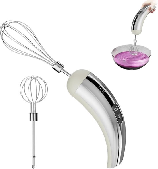 Elektrische Handmixer - Draadloze Klopper Keukenhulp - Koken Bakken Mixen - 5 Instelbare Snelheden - 18x5.5 cm - Zilver Wit van Merkloos