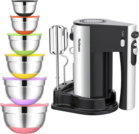 Elektrische Handmixer - Keukenmixer - Bakken en Koken - 10 Snelheden Turbo - 6 Mengkommen - Zilver