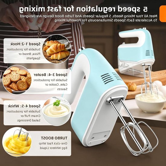 Elektrische handmixer - Keukenmixer garde - Bakken en mixen - 5 snelheden turboknop - 300 Watt - Zilver