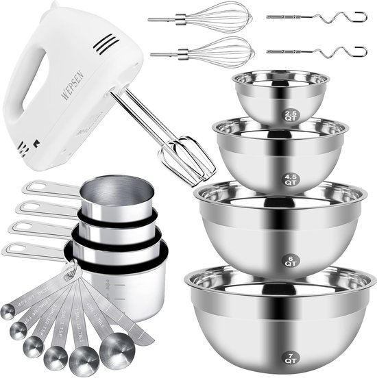 Elektrische Handmixer Set met Roestvrijstalen Mengkommen en Maatbekers