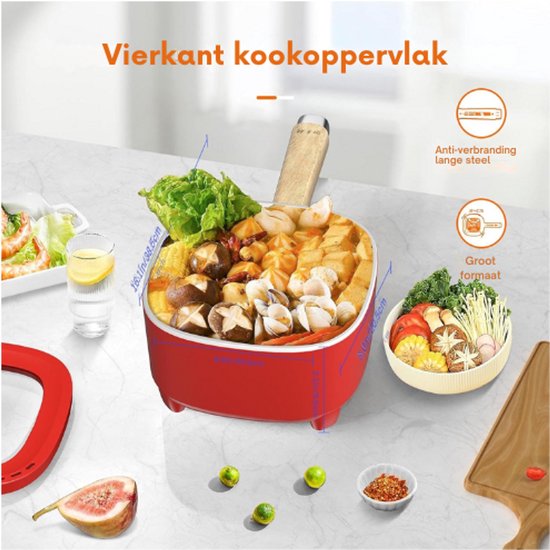 Elektrische Hot Pot - Keramisch Glazuur Non-Stick Koekenpan - Draagbare Multicooker Voor Ramen - Steak - Ei - Gebakken Rijst - Havermout - Soep - 350W/800W - Rood - 2L Met Stoomboot