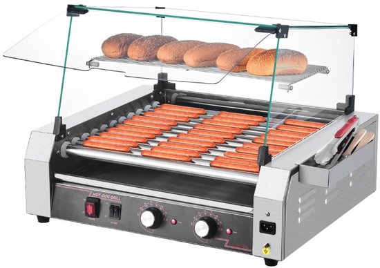 Elektrische Hotdog Machine - Rollergrill - 11 Rollen - 2200 W - Met Deksel - 2 Temperatuurregelaars - RVS Behuizing - Uitneembare Lekbak van Merkloos
