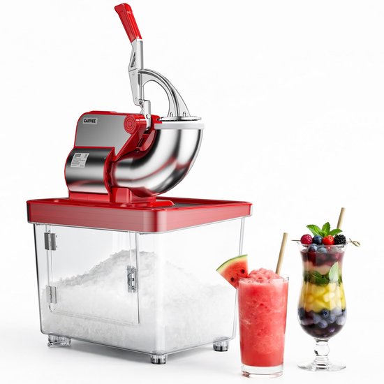 Elektrische IJscrusher - 300kg/u - IJsrasp - Professionele Schaafijsmachine met 300W Motor En 1450RPM - 4 RVS Messen - 34L Reservoir - Veiligheidsschakelaar - Voor Thuis En Horeca - Rood van Triumpunpre