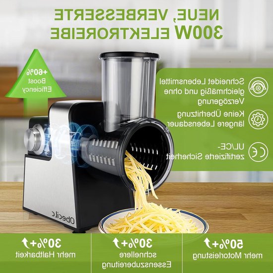 Elektrische Kaasrasp - Keukenmachine - Snel Ingrediënten Snijden - 7 RVS Bladen - 30 cm Hoog - Zwart
