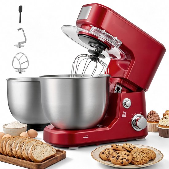 Elektrische keukenmachine - Deegmixer - 5 + 4 liter, 1000 W - 2 stapelbare SUS304 roestvrijstalen kommen - Kantelbare kop - Spatbescherming - Antislipvoetjes - Accessoireset