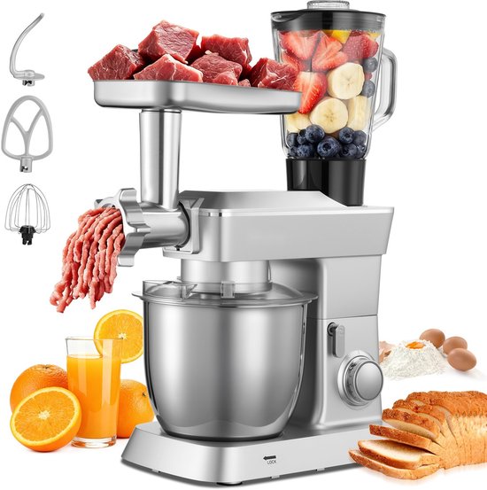 Elektrische Keukenmachine - Keukenmixer - 1300 W Motor - RVS Kom 4,3 L - Extra Mengkom 1,5 L - 6+P Snelheden - Met Deeghaak, Garde En Klopper van Merkloos
