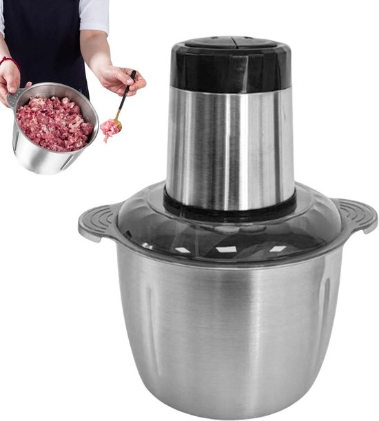 Elektrische Keukenmachine - Mini Hakmolen Voedselhakker - Snel Ingrediënten Hakken - Dubbellaags 4-Mesjes - 2L Capaciteit - Roestvrij Staal