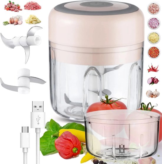 Elektrische keukenmachine, uienhakker, knoflookpers, mini-blender, mini-foodprocessor, geschikt voor vlees, fruit, groenten, gember, uien, knoflook, noten, enz. van Merkloos