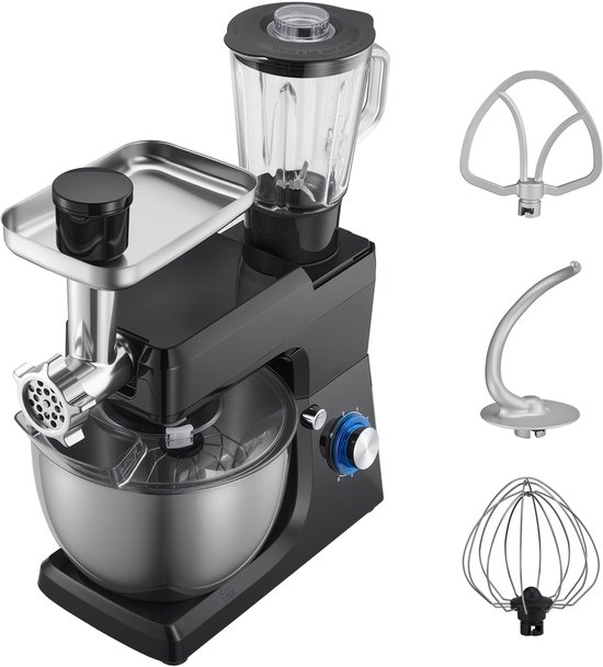 Elektrische Keukenmixer, 7,8 L Keukenmixer met 1500 W Motor, 6+P Snelheden, Kantelbaar Kopontwerp, Inclusief 1,5 L Blenderbeker, Roestvrijstalen Kom, Deeghaak, Garde en Klopper voor Bakken en Mixen, Zwart van Merkloos