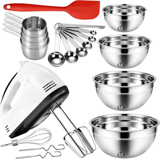 Elektrische Keukenmixer - Handgarde Set - Bakken en Mixen - 7 Snelheden Turbo - 4 Mengkommen - Roestvrij Staal