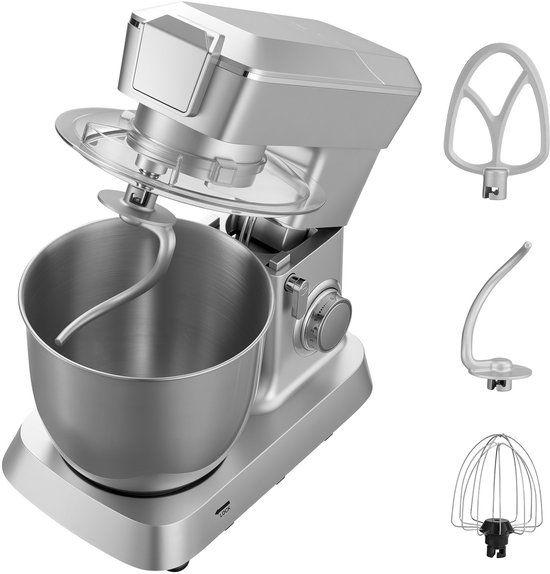 Elektrische Keukenmixer met Een Capaciteit van 4,3 L, 1300 W Vermogen, 6+P Instelbare Snelheden, Kantelbaar Ontwerp, Inclusief 1,5 L Blenderbeker, Roestvrijstalen Kom, Deeghaak, Garde en Klopper voor Bakken en Mixen, Zilver van Merkloos