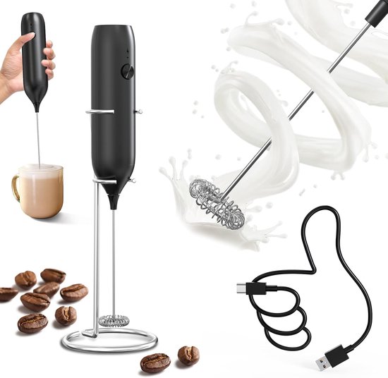 Elektrische melkopschuimer met standaard, oplaadbare elektrische melkopschuimer, handmatige melkopschuimer voor cappuccino, koffie en latte - zwart van Merkloos