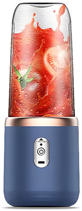Elektrische mini-blender, 300 ml, draagbare blender, sapbeker, fles, fruitmixer, 1200 mAh, USB-oplaadbaar, met deksel, 6 messen voor het malen van het (blauw, 6 messen, deksel) van Merkloos