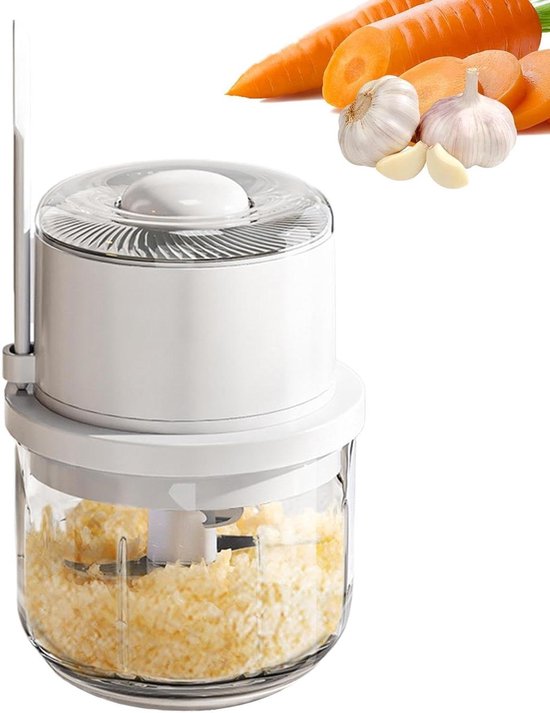Elektrische Mini Hakmolen - Keukenmachine Draadloos - Snel Ingrediënten Snijden - Zichtbare Consistentie - 350 ml - Wit