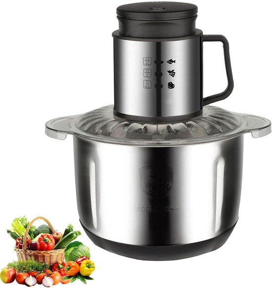 Elektrische Mini-hakmolen - Keukenmachine Hakker - Efficiënt Koken - 6 Roestvrijstalen Messen - 5 Liter Kom - Zilver